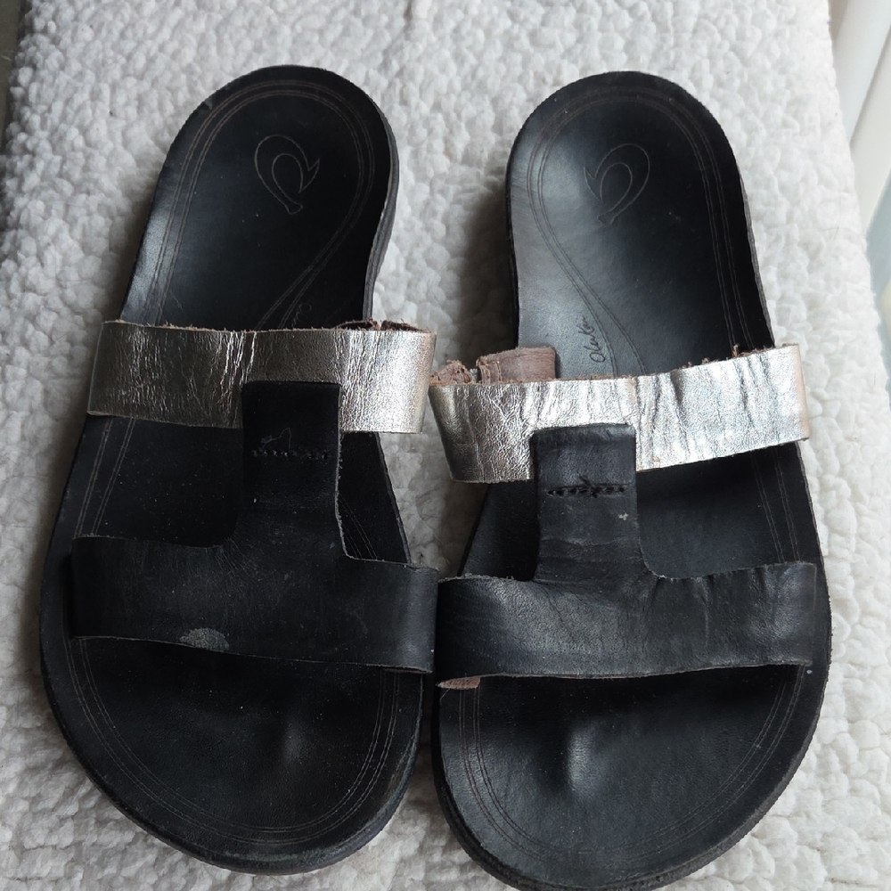 Olukai Black and Silver Slide Sandals, 9